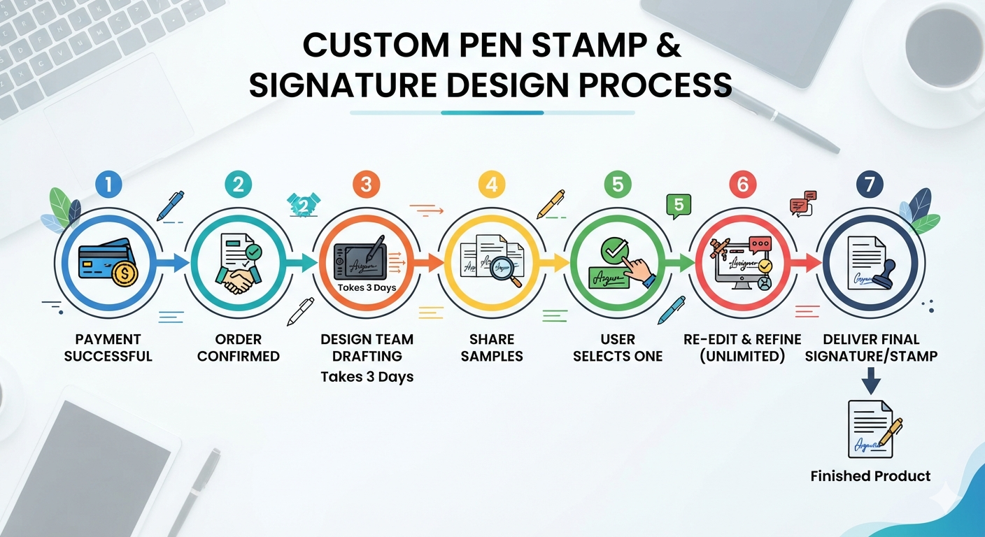 Custom Pen Stamp & Signature Design Process Infographic